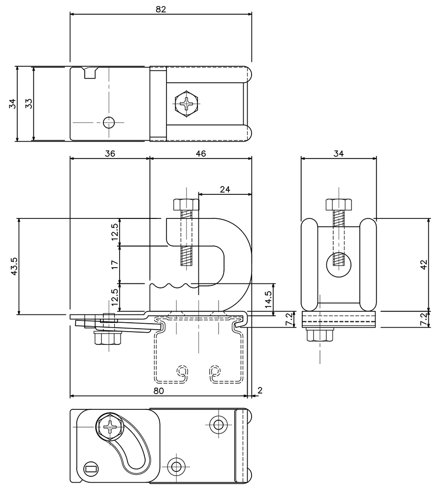 D40ステンクリップ付天井ブラケットBタイプの図面