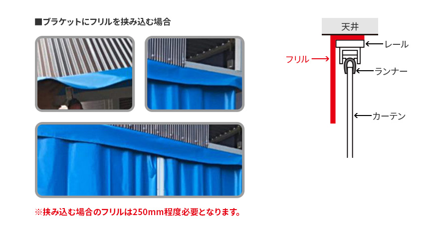 ブラケットにフリルを挟み込む場合は、高さ+50mm程度必要です。