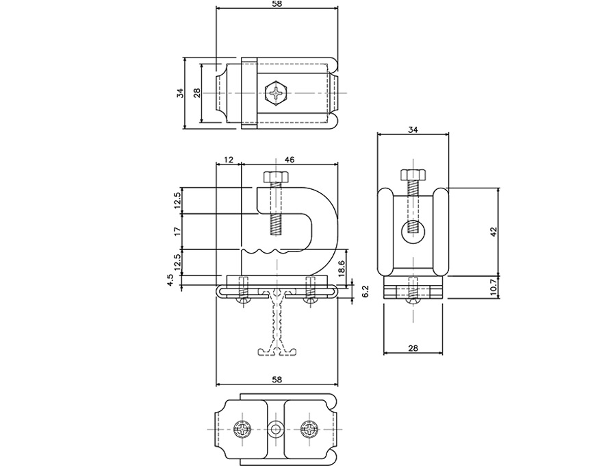 ベンダークリップ付天井ブラケットBタイプの図面