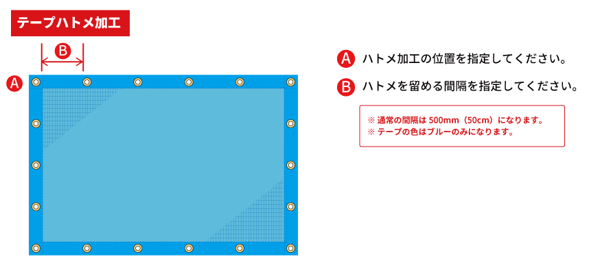 ネット(農業用)のテープハトメ加工